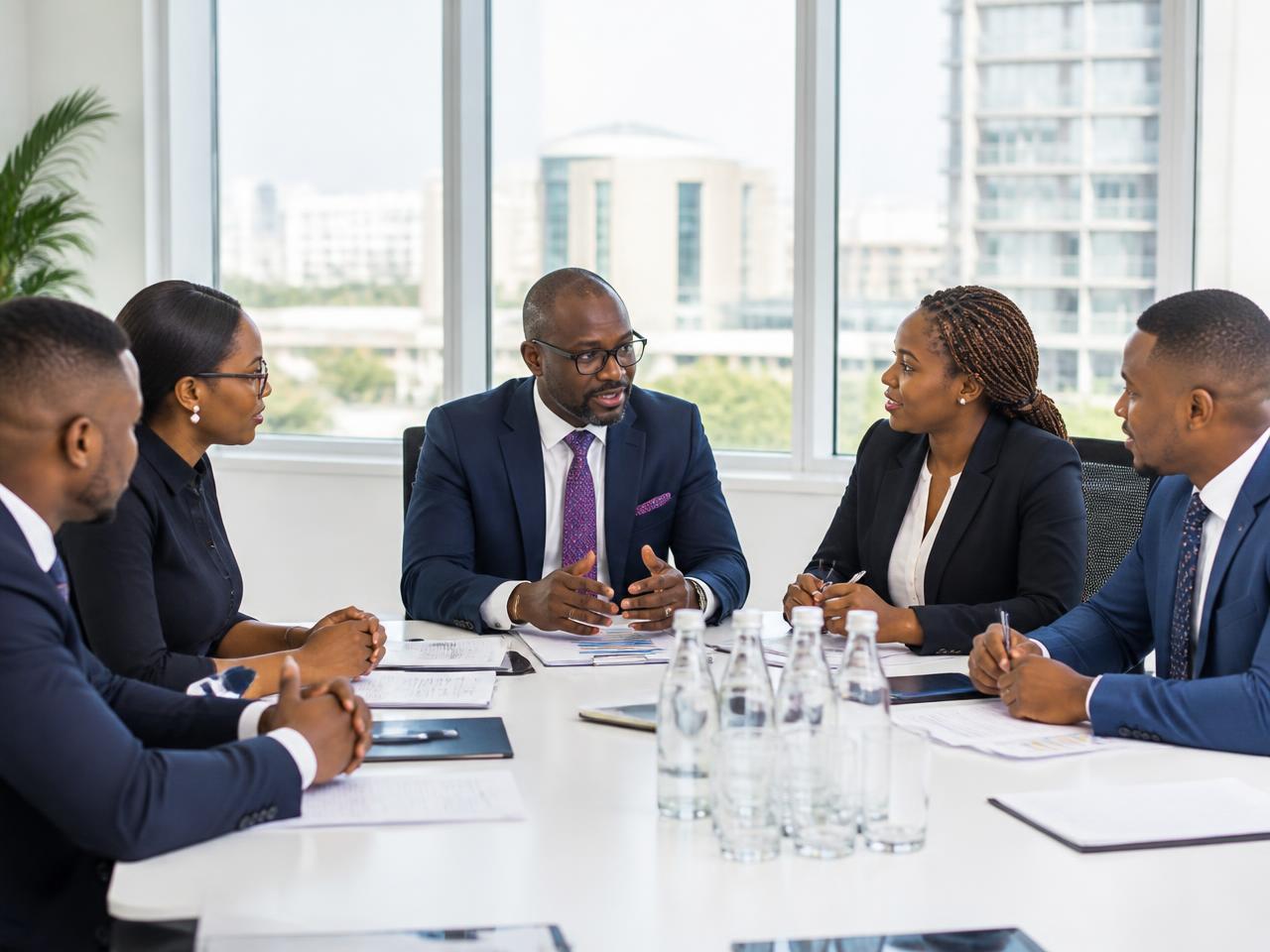 Consulting team reviewing management reports in a boardroom