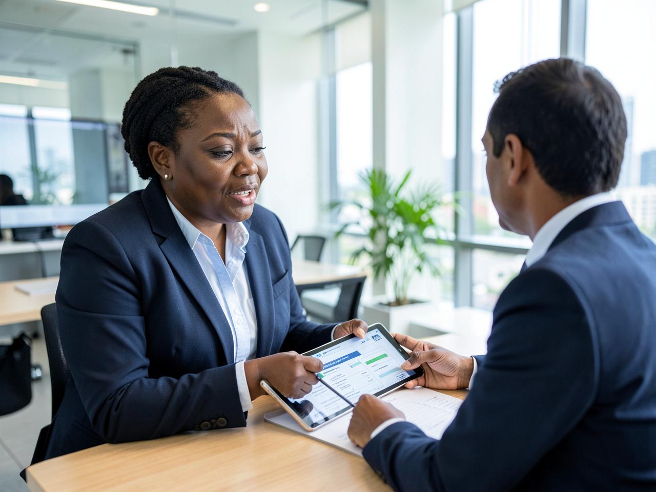 Researcher conducting a business interest survey interview with a client