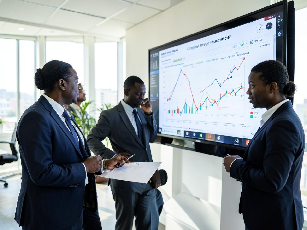 Business analysts reviewing competitive market survey charts on a large screen