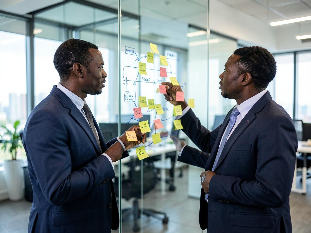 Consultants mapping business processes on a glass wall with flow diagrams