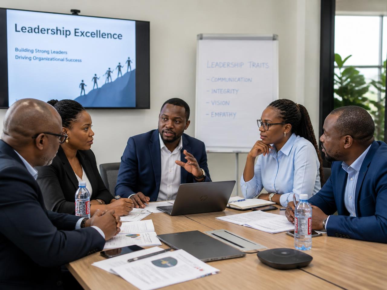 Leadership training session with professionals reviewing reports in a modern meeting room