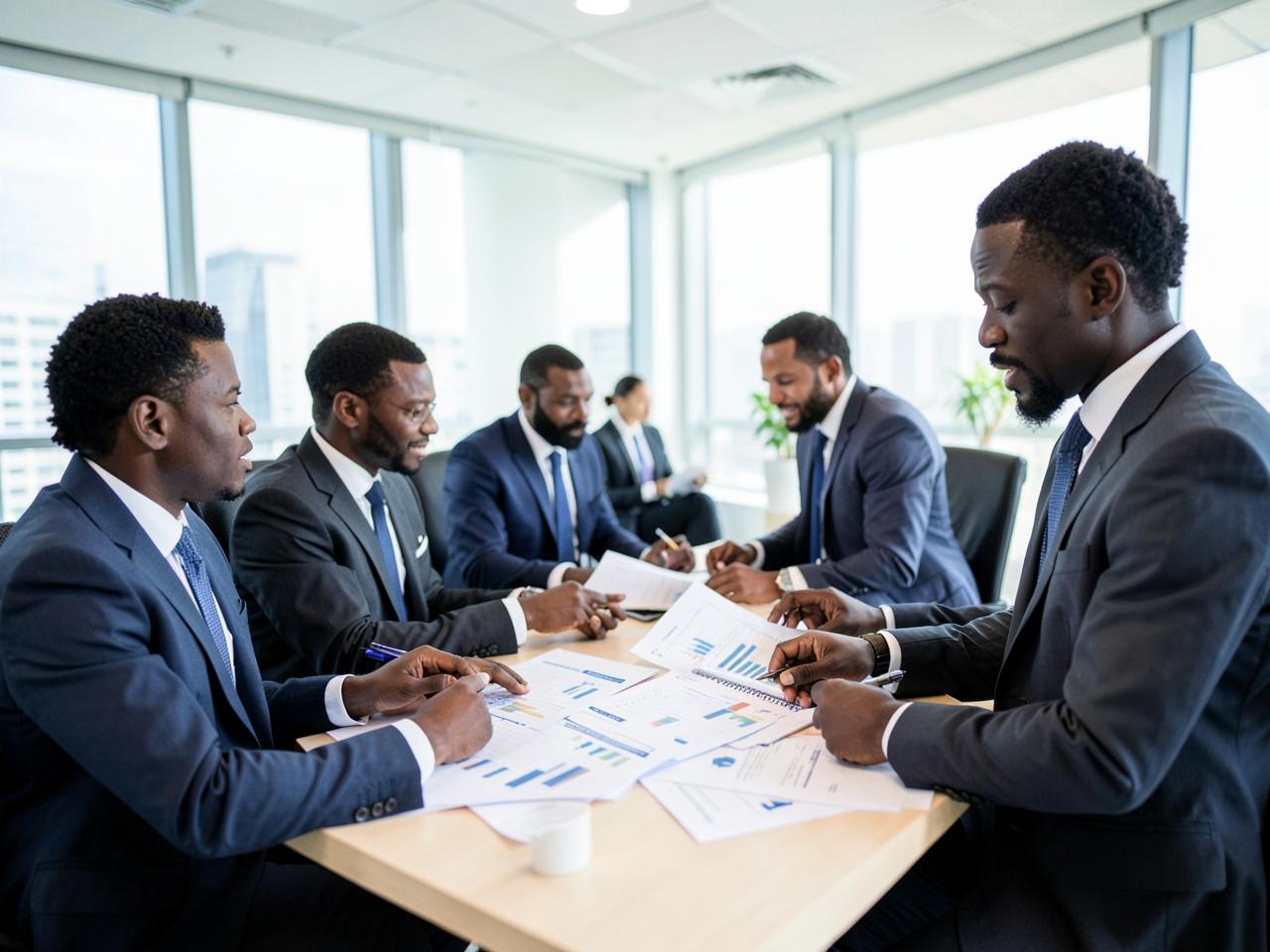 Finance team reviewing business analysis reports around a meeting table