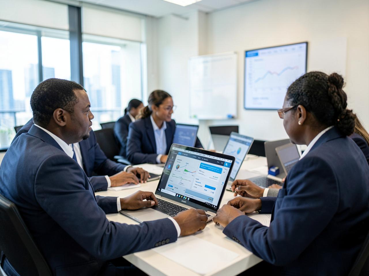 Analysts working with business intelligence dashboards on laptops