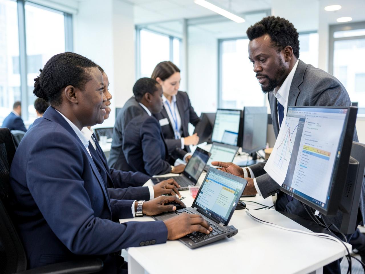 Professionals practising spreadsheet and document software in a computer training room